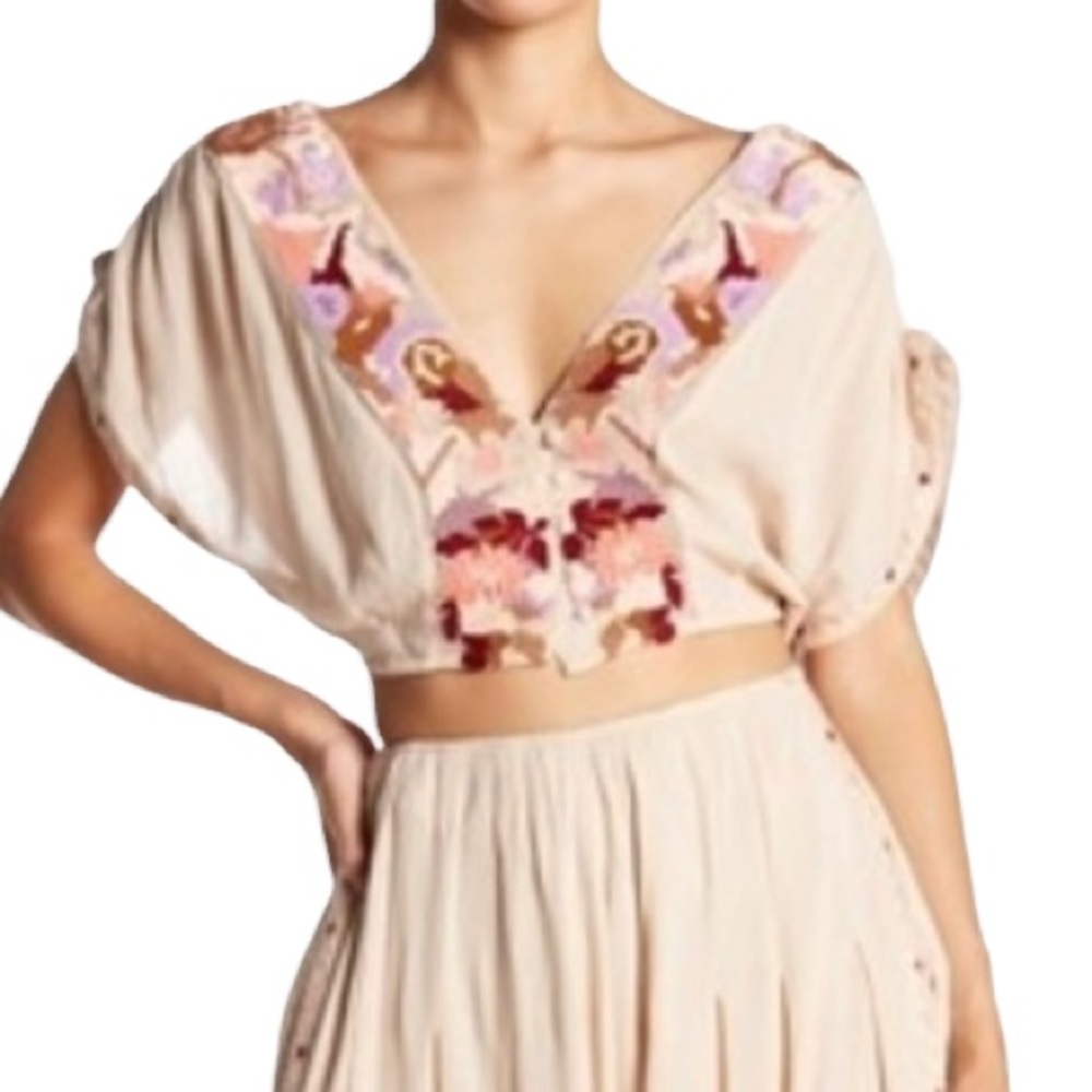 Free People Santoshi Embroidered Boho Crop Top Sz 2